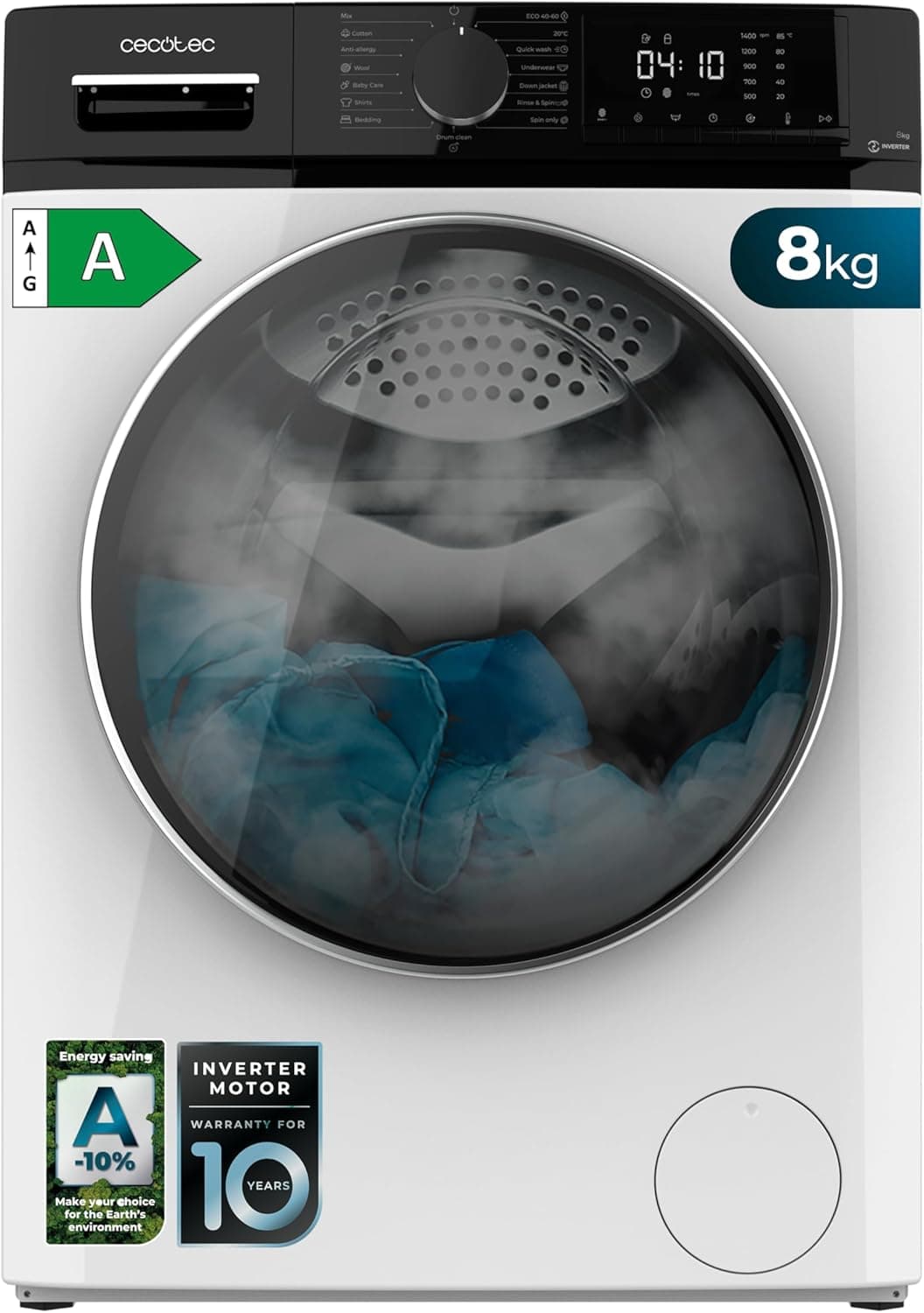 Cecotec Lavadora de Carga Frontal 8 Kg Bolero Dresscode 8610 Inverter A, 8 Kg de Capacidad, 1400 Rpm, Clase A, Función Con Vapor, Motor Inverter Plus, 15 Programas, Optimiza Nivel de Agua y Lavado