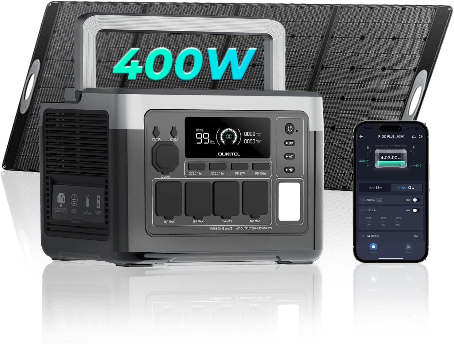 OUKITEL P1000PLUS Estación de Energía Portátil 1800W(Máxima 3600W) con Panel Solar 400W, Generador Solar con Batería LiFePO4 1024Wh, Carga Rápida de 1200 W