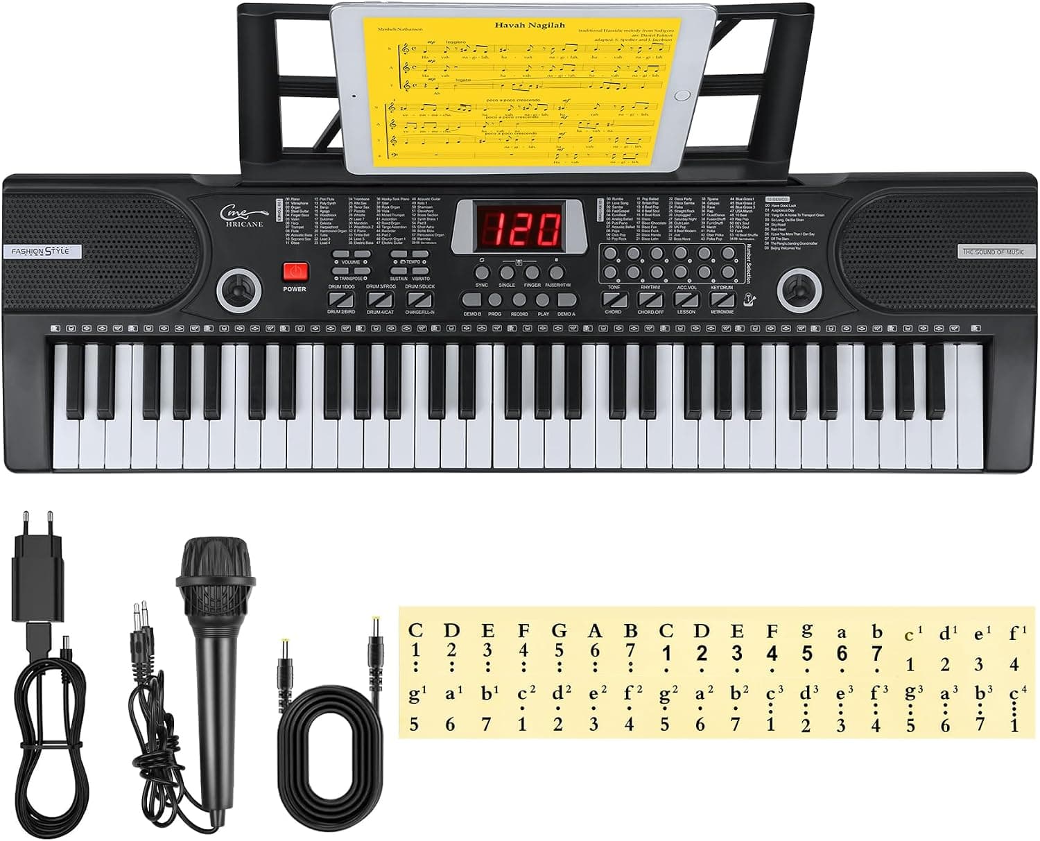 Teclado electrónico de 61 teclas para niños, el instrumento de piano electrónico portátil para principiantes con micrófono, atril, pegatina (negro)