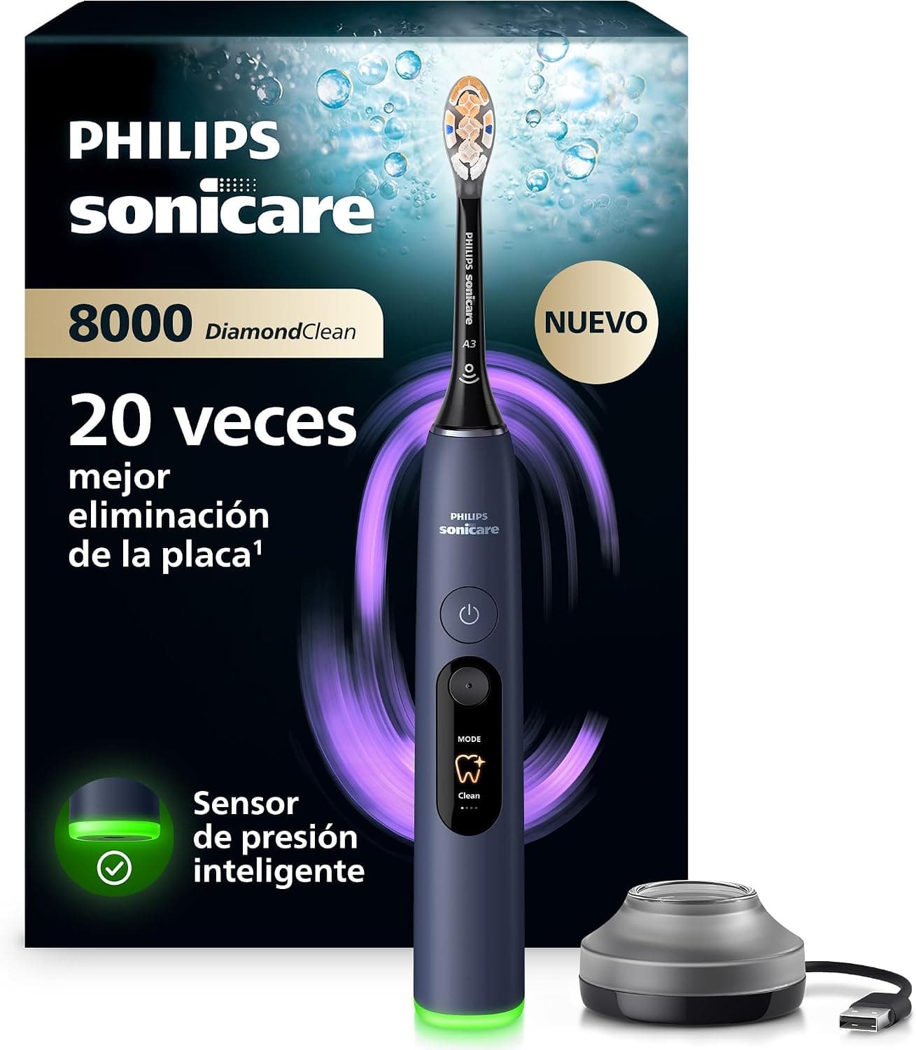 Philips Sonicare Next-Generation DiamondClean 8000 Cepillo de dientes eléctrico - con Smart Pressure Feedback y 15 ajustes, azul oscuro, HX8311/13