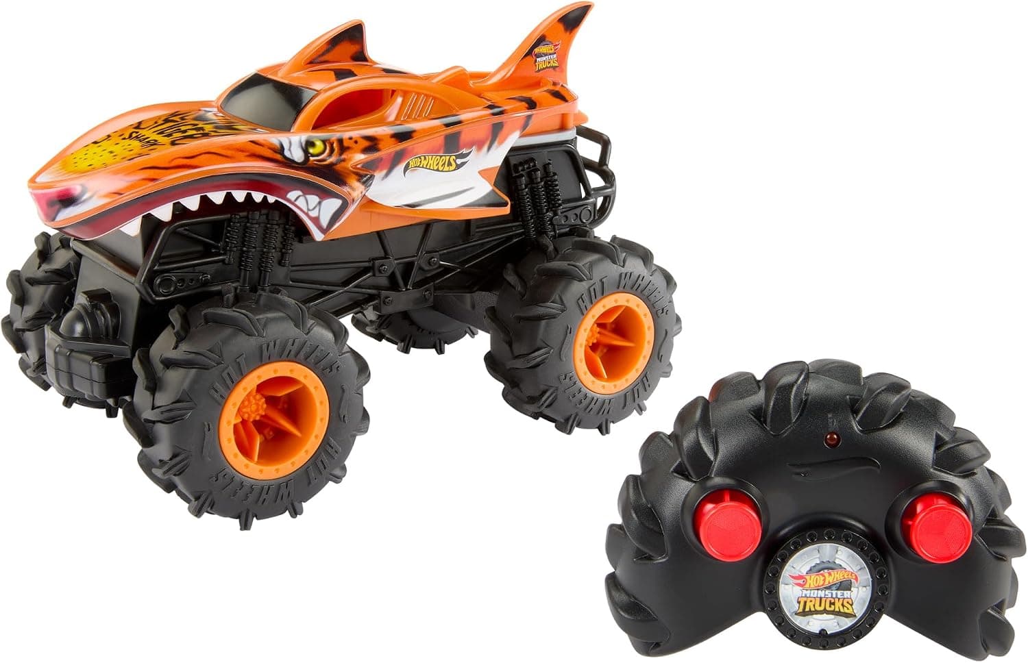 Hot Wheels Monster Trucks Coche Teledirigido, HW Tiger Shark RC, Coche de juguete todoterreno con mando radio control con alcance de 30 metros, escala 1:24, regalo para niños y niñas +4 años, HNV03