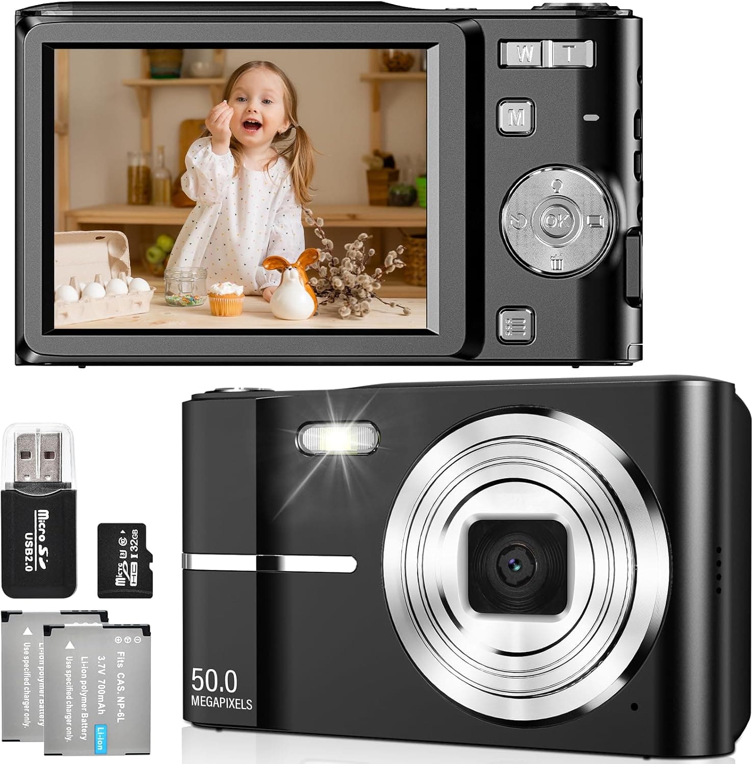 Cámara Digital 50MP 1080P FHD Compacta con Zoom 16X, Tarjeta 32GB Recargable, Portátil para Niños, Principiantes y Adultos