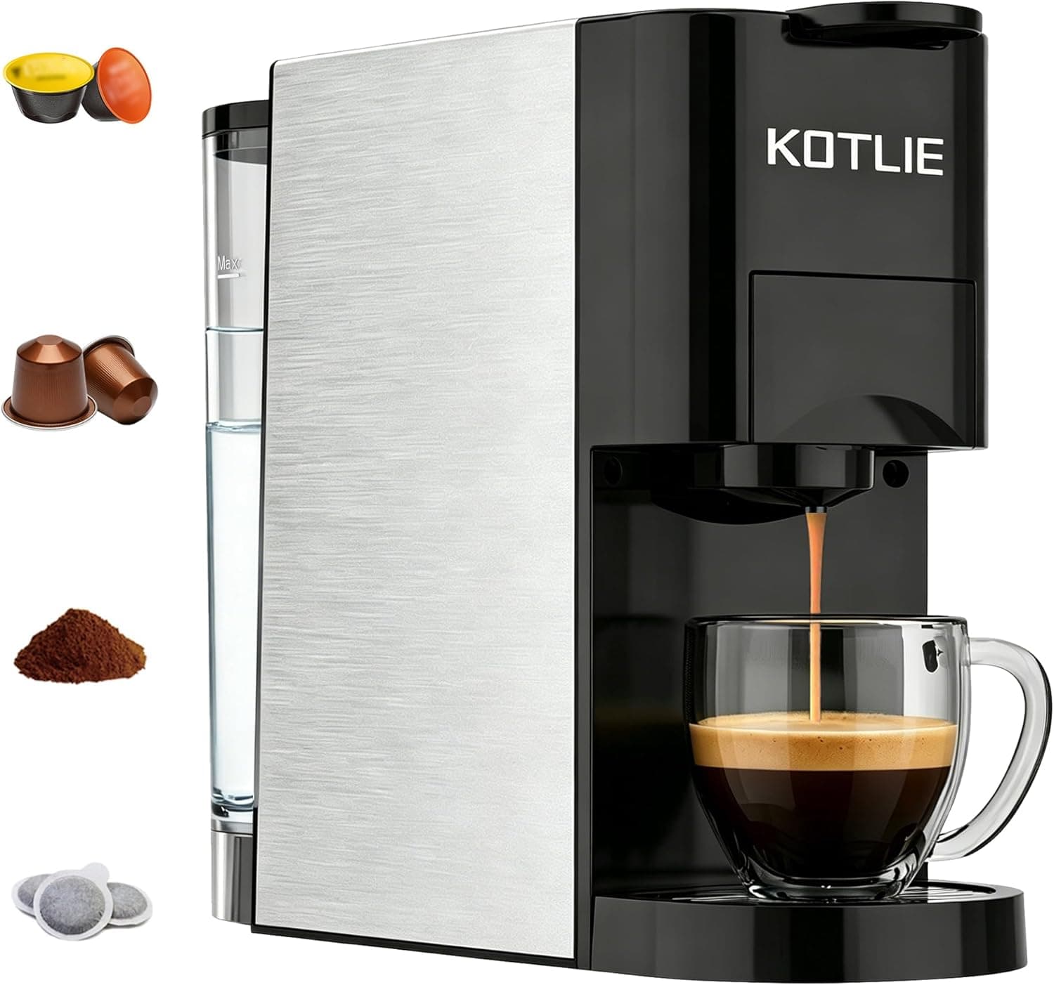 Expreso 4 en 1 Cafetera de Capsulas para Dolce Gusto/Nespresso Original/Ground/ESE Pods,19 Bar Alta Presión Apagado Automático Depósito Cafetera Capsulas (Negro) AC-513K