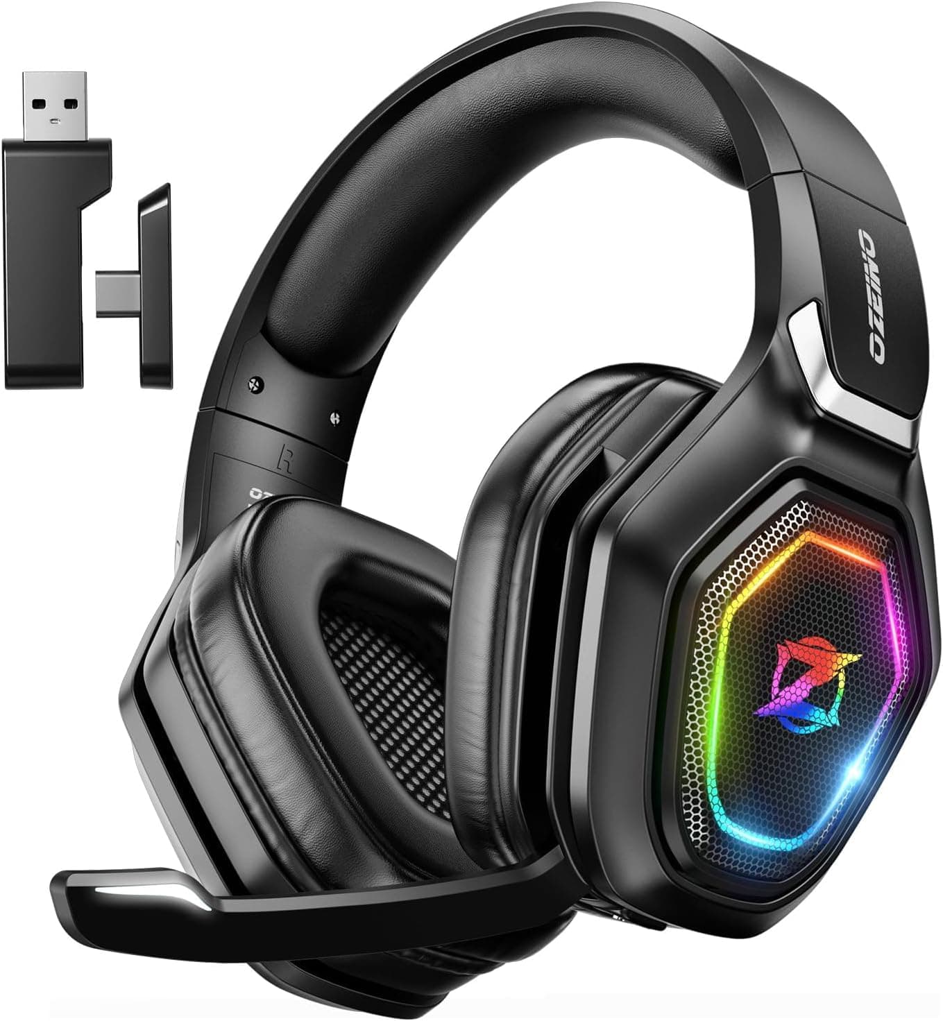Ozeino Cascos Gaming Inalámbricos para PC/Ps5/Ps4 de 2,4GHz Wireless+Bluetooth, Auriculares Gaming Inalámbricos Baja Latencia Calidad de Sonido sin Pérdidas, Duración 30Hr+