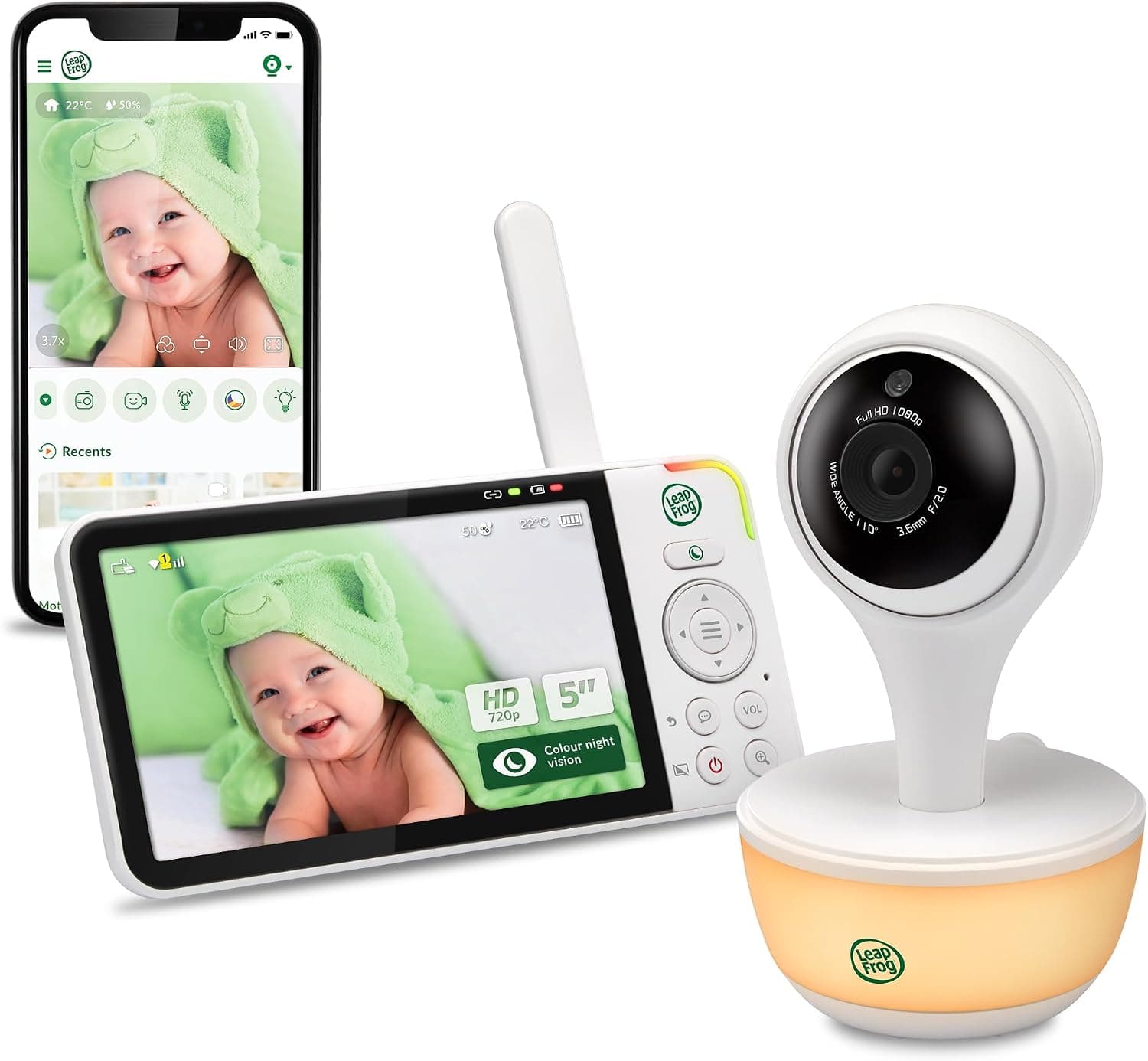 LeapFrog LF815HD Video Baby Monitor with 5 Inch HD Color Screen, WiFi, Temperature and Humidity Sensor, Wide Angle Lens, Intercom, Color Night Light, 8X Zoom, Sleep Profile
