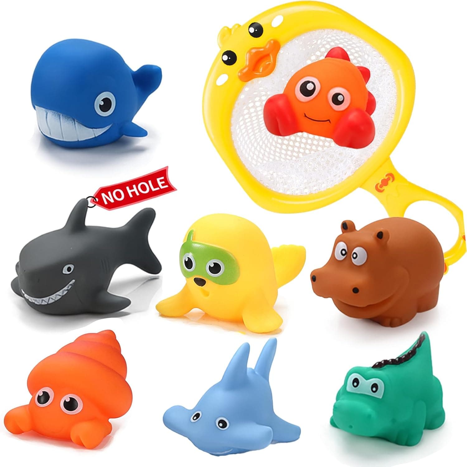 Juguetes de Baño Bebé - Set 9 Piezas Juguetes Bañera Sin Agujeros Antimoho, Animales Flotantes de Goma con Red Patito, Juguete Bañera Bebe, Juguetes Agua y Piscina para Bebés y Niños