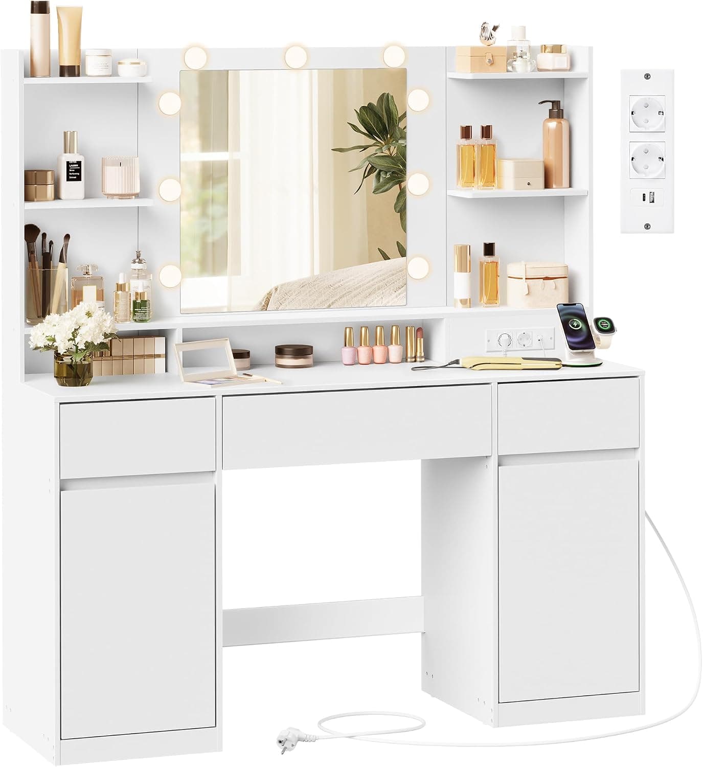 VASAGLE Kailyn Colección - Tocador con Espejo LED, Regleta, 2 Armarios, 9 Bombillas Regulables, Iluminación de 3 Colores, Montaje sin Herramientas, Blanco Nube RDT142WB02