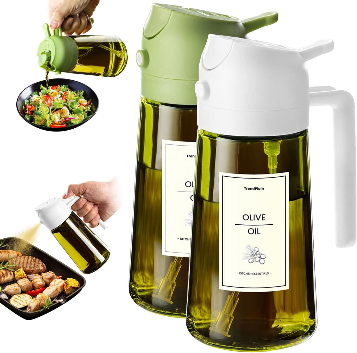 TrendPlain Pulverizador Aceite Spray 470ml - 2 en 1 Spray Aceite Cocina, Dispensadora para Freidora de Aire, Ensaladas, Vinagre y Accesorios Cocina (2 unidad, Blanco y Verde - 1)