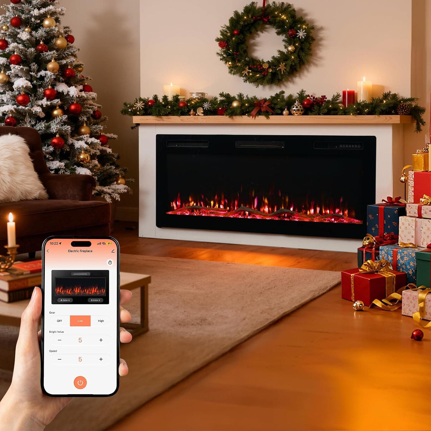 HOMAVO 50" Chimenea Eléctrica con Calefacción, 1000W/2000W Chimenea Decorativa, 12 Colores de Llama 3D, 12 Colores de Fuego de Madera, Control Remoto & App, Incluido Mueble Chimenea
