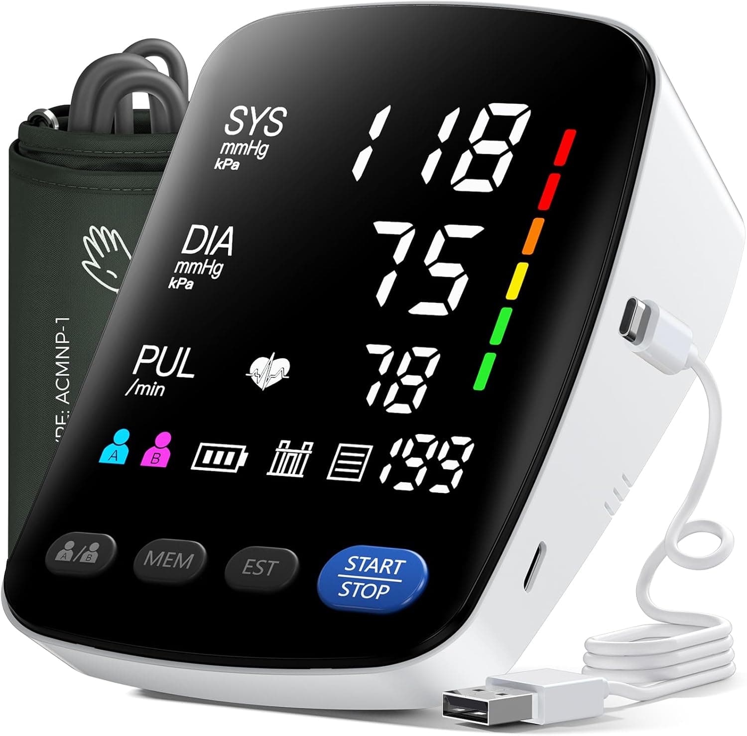 Tensiometro de Brazo Digital - Medidor Tension Arterial Profesional, Aparato Tension Arterial con Pantalla LED HD, Se Pueden Registrar 2 x 199 Datos de Usuario,Cable de Carga de Batería AA/Tipo-C