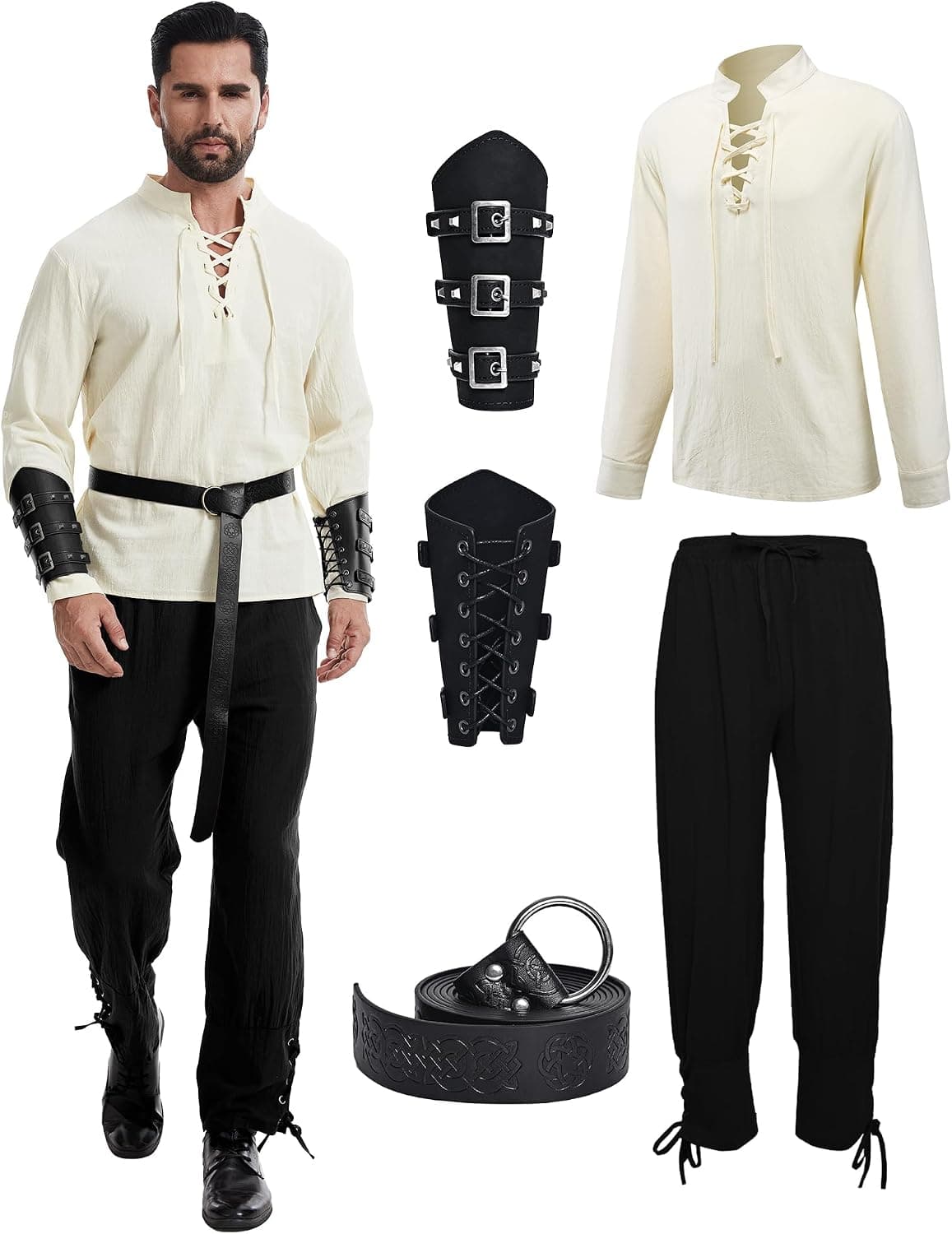 Juego de 5 accesorios para disfraz de pirata, disfraz medieval de pirata con bandana, cinturón, parche para Halloween, capitán y carnaval.