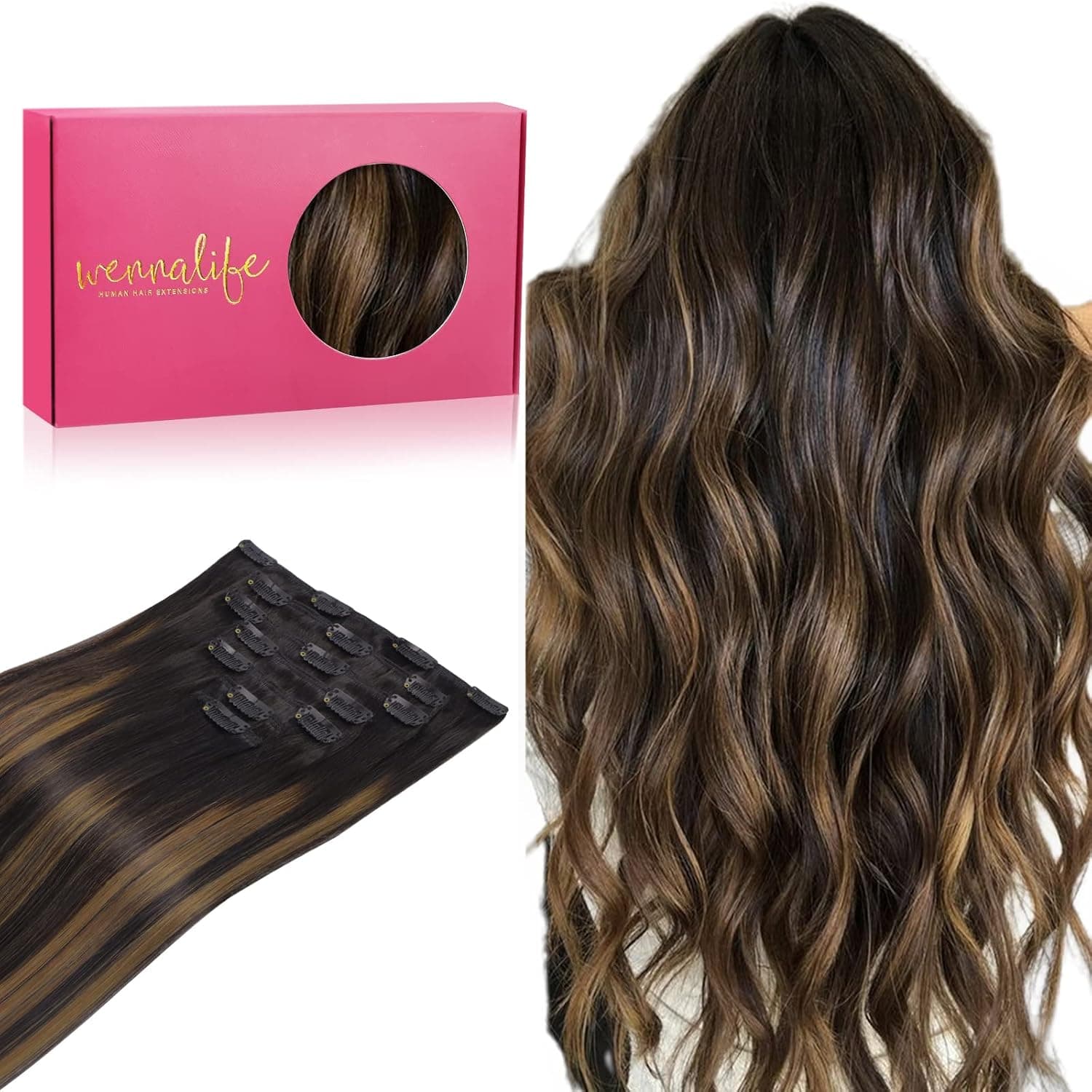 WENNALIFE Extensiones Clip Pelo Natural, 35cm 120g 7 Piezas, Negro Natural Mezclado Con Marrón Castaño Extensiones de Clip Natural Extensiones Pelo Remy Extensiones Cabello Postizos Mujer