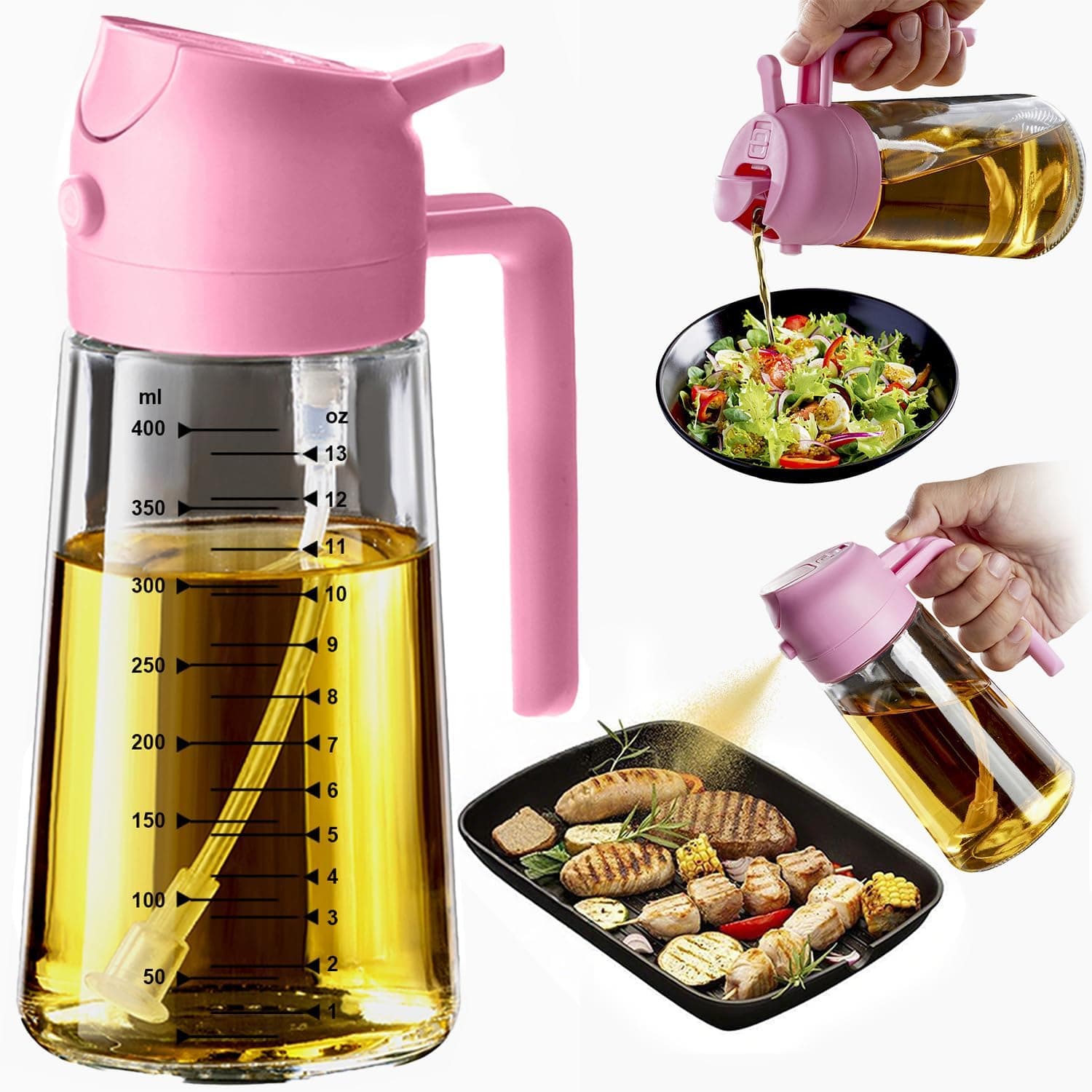 TrendPlain Pulverizador Aceite Spray 470ml - 2 en 1 Spray Aceite Cocina, Dispensadora para Freidora de Aire, Ensaladas, Vinagre y Accesorios Cocina (1 unidad, Chicle)