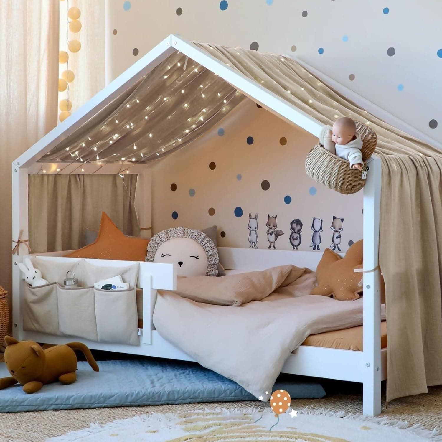 Vicloon Juego de Decoración para Cama de Casa, 135 * 360 cm Dosel para Cama de Niños, 100% muselina orgánica, Dosel Cama Compatible Cama Montessori para Niños y Niñas (Gris Beige)