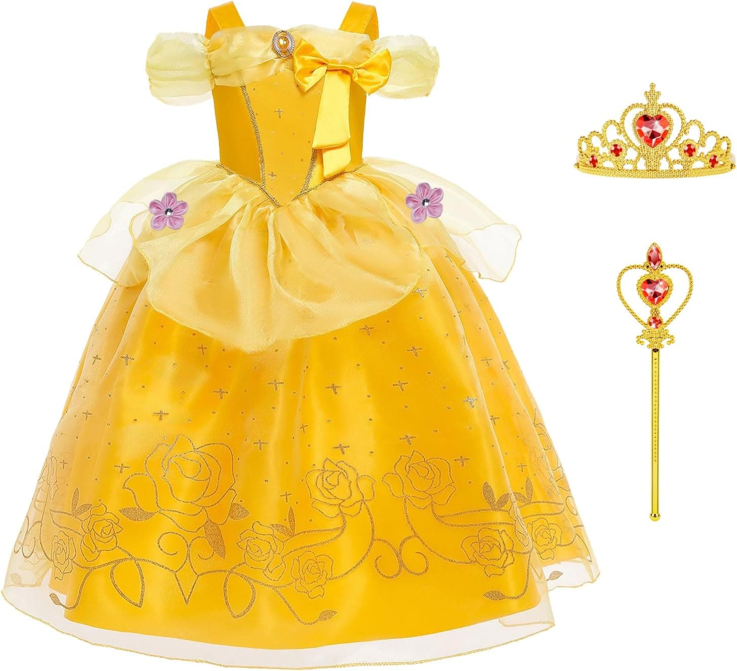 Disfraz Princesa Bella Niña, 3pcs Vestido Bella y Bestia Niña Clásico Con Gran Arco y Accesorios para Fiesta Cosplay Cumpleaños Navidad, 110cm