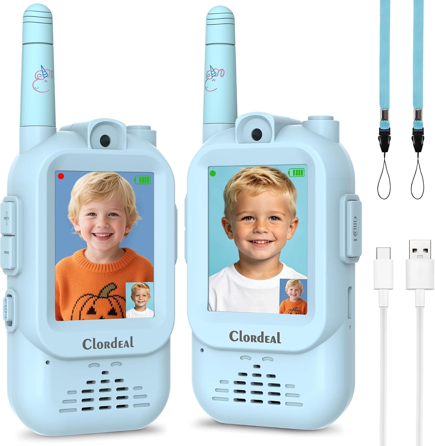 Video Walkie Talkie Niños Largo Alcance Recargable, Juguetes Niño 3-12 Años, Pantalla LCD 2", Videollamada, 6 Efectos Voz, Cámara, 23 Emoticonos, Azul, Pack de 2