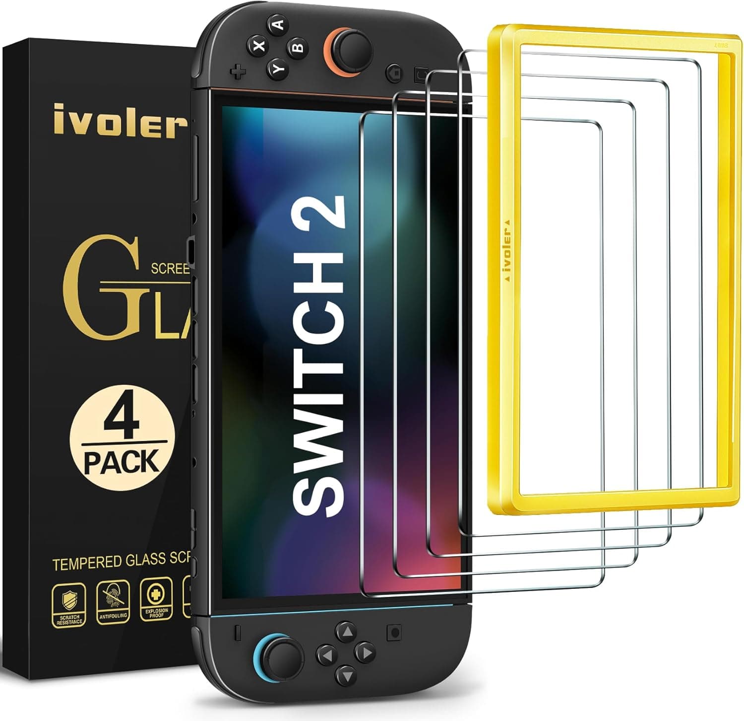 ivoler 4 Piezas Protector Pantalla para Nintendo Switch 2 Model 2025, instalación en 30 segundos Incluye Marco de Instalación Fácil, Cristal Vidrio Templado Premium