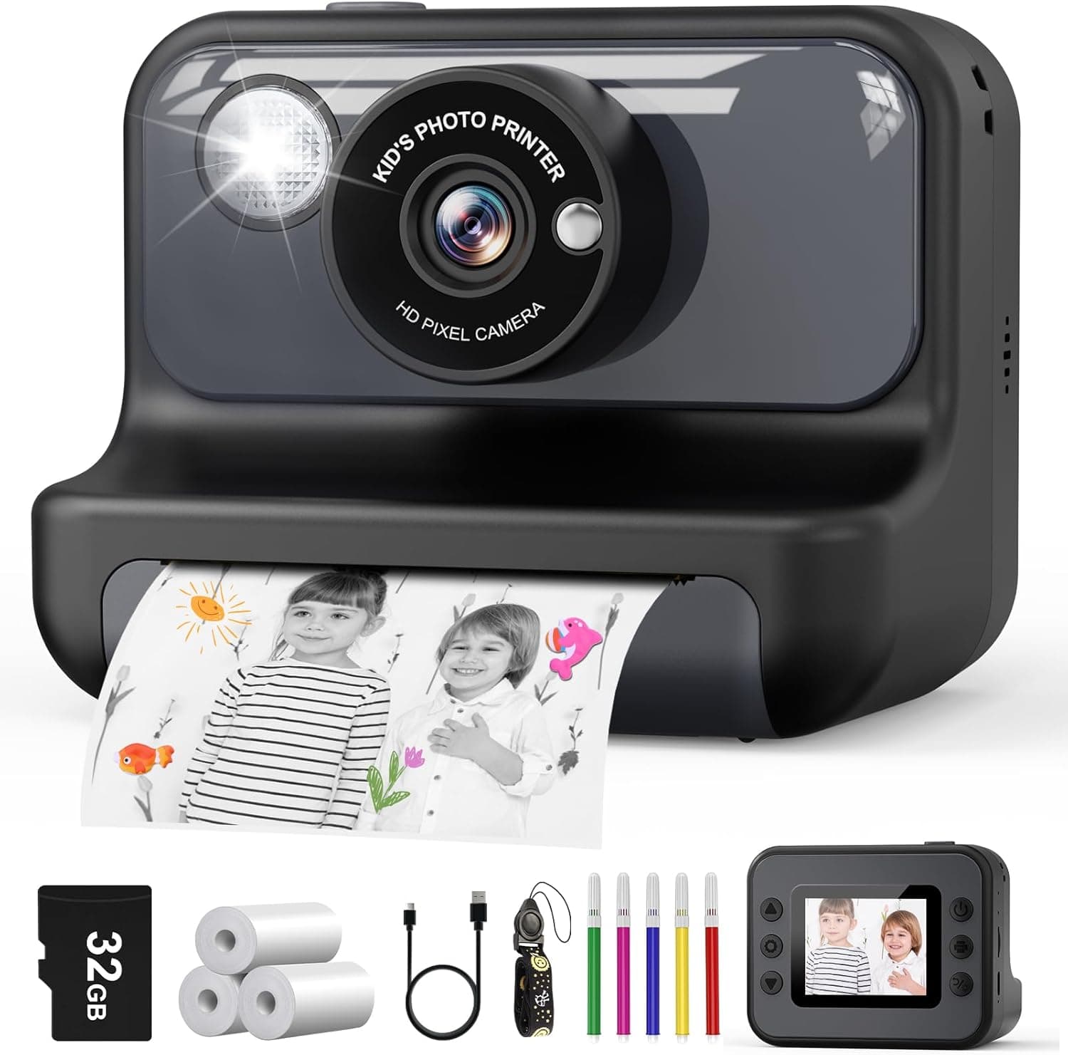 Hangrui Camara Fotos Infantil Instantanea, 2,4 Pulgadas Camara Fotos Infantil con Tarjeta de 32G, 1080P Cámara Instantánea para Niños con Papel de Impresión y Bolígrafos de Colores, Regalos Juguete
