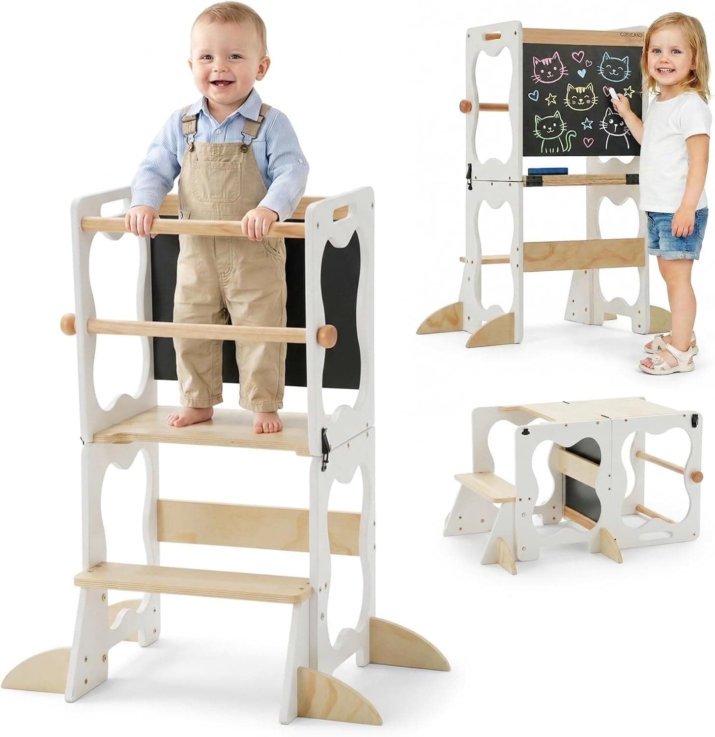 COSYLAND Torre de Aprendizaje Montessori 3 en 1 Convertible con Pizarra