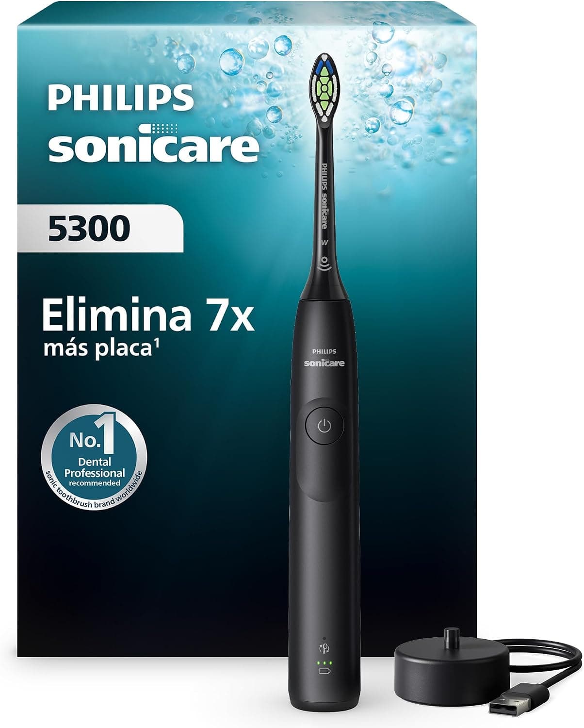 Philips Sonicare 5300 cepillo dental eléctrico, sónico con 2 niveles de intensidad, alerta de presión, EasyStart, SmarTimer y BrushPacer, negro, modelo HX7101/01 [Nueva Tecnología]