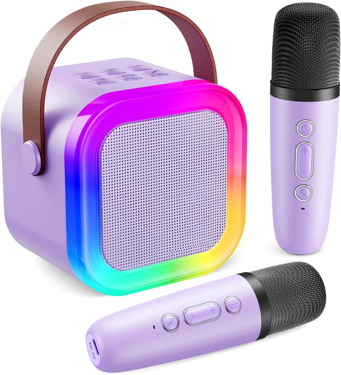 Fede Karaoke 2 Micrófonos para Niños, Mini Karaoke Infantil Micrófonos Inalámbricos Altavoz Bluetooth Portátil con Efectos de Cambio de Voz y Luces LED, Mejores Juguetes Regalos para Niñas Morado