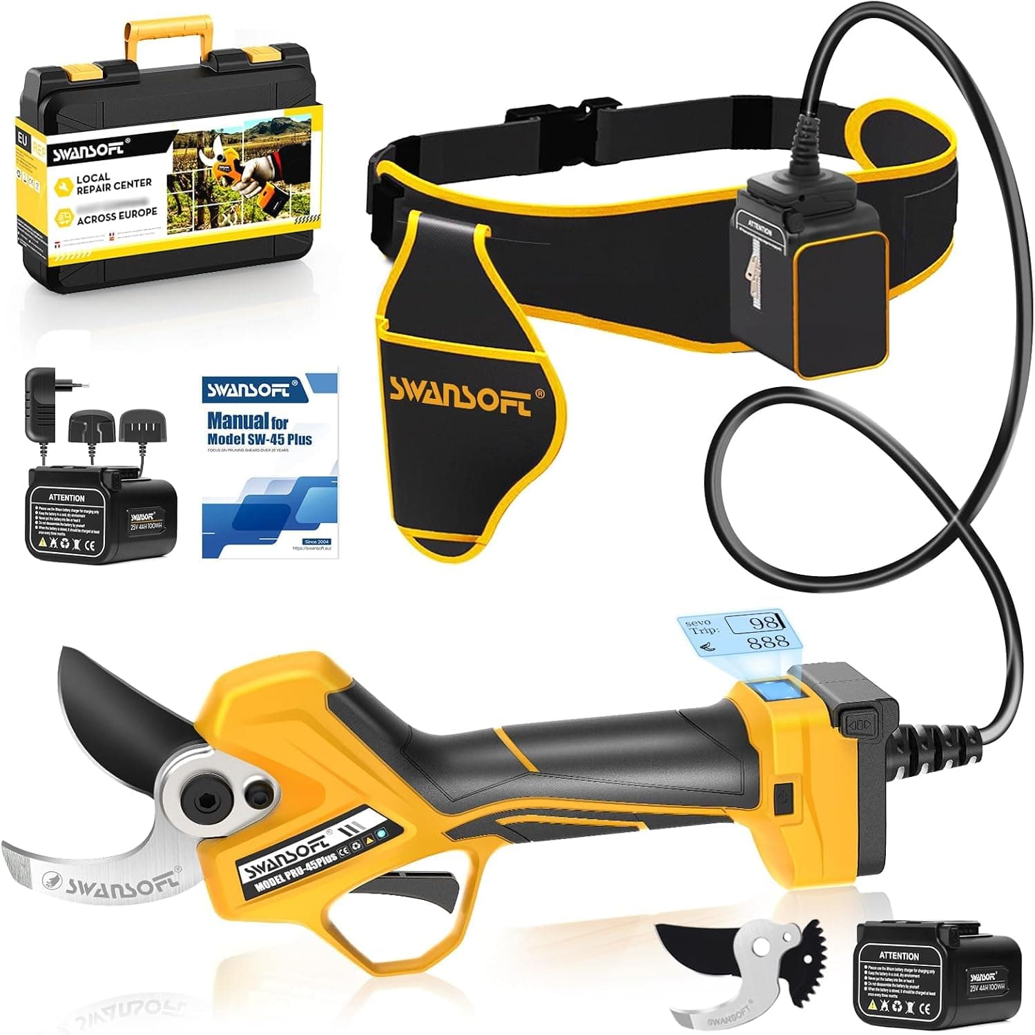 SWANSOFT PRU45-PLUS Tijeras de Podar Electricas Profesionales 45mm,1150W Motor sin Escobillas,25V 4Ah x2 Baterías,Pantalla LCD Tijeras de Podar Bateria para Olivos y Viña