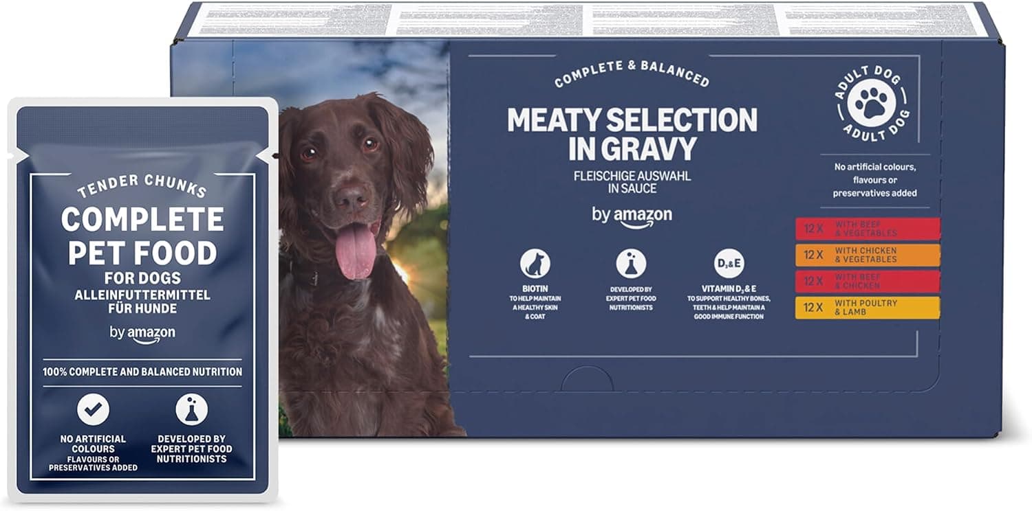 by Amazon Alimento Completo para Perros Adultos - Selección de Carne en Salsa, 4,8kg (48 Paquetes de 100g)
