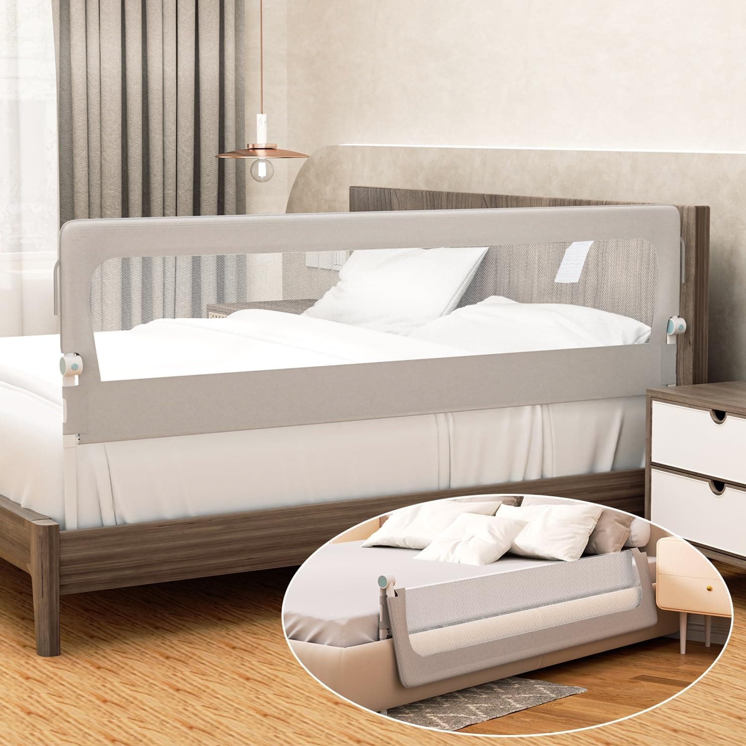 Fiqops 180 cm Barrera de cama plegable, protección contra caídas para camas, altura ajustable de 72-86 cm con rieles laterales para camas con somier y camas infantiles, gris
