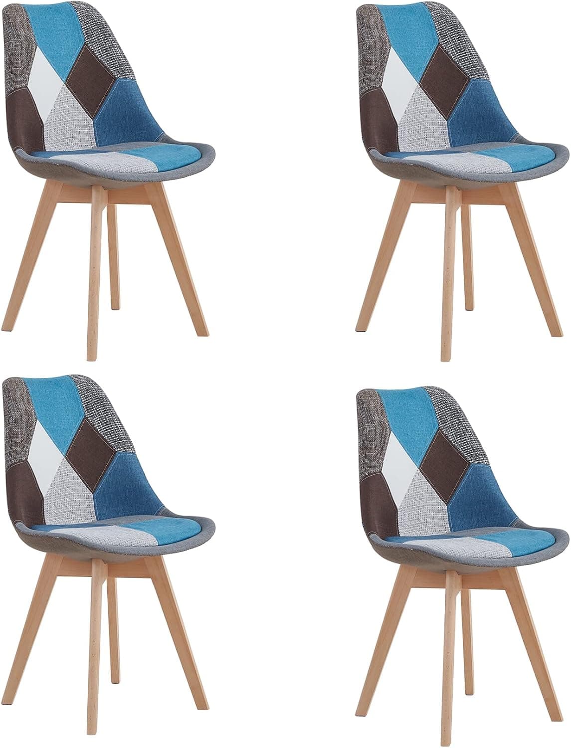 Juego de 4 Sillas de Comedor con Diseño de Retazos con Asiento Tapizado y Patas de Madera, Ideal para Comedor, Sala de Estar, Dormitorio, etc. (Azul)