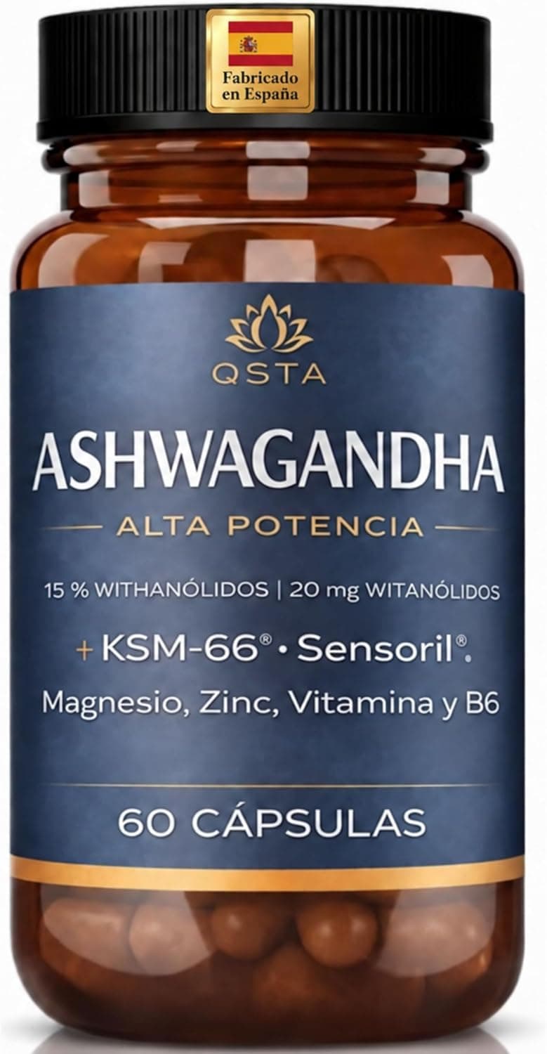 Ashwagandha KSM-66 con Sensoril (15-20% Withanolidos) - Alta Potencia Adaptógeno y Nootropico, Sueño Profundo, Bienestar, Energía, Concentración y Reducción de Cortisol, 2 Meses. Cortisol Balance