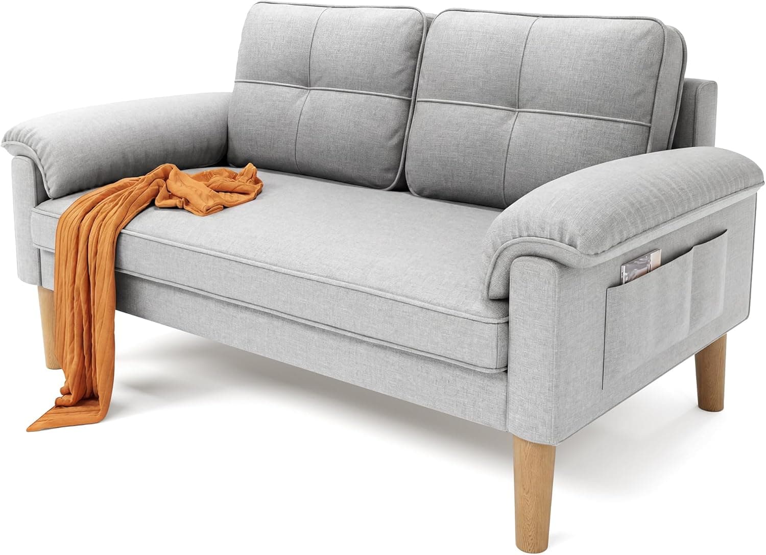Xbro Sofá 2 Plazas con Reposabrazos y Bolsillo Lateral, Sofá Compacto de Tela para Salón, Apartamento u Oficina, Montaje Fácil, 145 x 77 x 77 cm,Gris Claro
