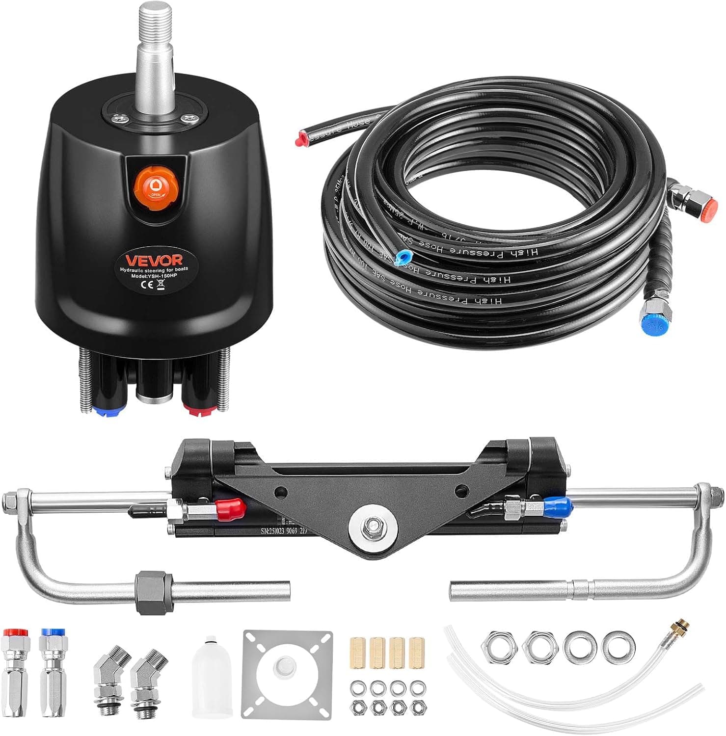 VEVOR Kit de Sistema de Dirección Hidráulica Fueraborda 150 HP, con Bomba de Timón de 6,9 MPa/1000 psi, Cilindro de Bloqueo Bidireccional, Manguera de 7,3 m, para Una Sola Estación y Un Solo Motor