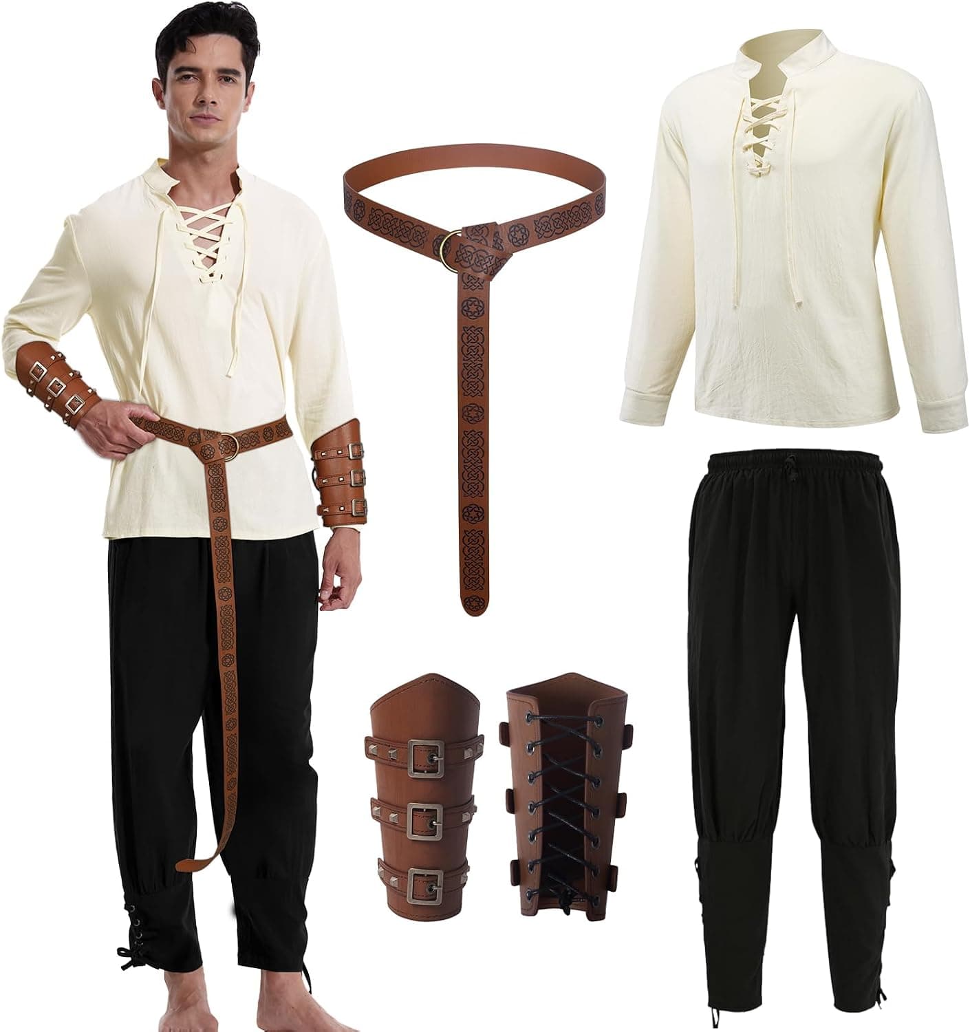 Juego de 4 prendas medievales para hombre, traje renacentista, vikingo, con camisa, pantalones, cinturón, muñecas, para carnaval, Halloween, pirata, hippie, cosplay, fiesta