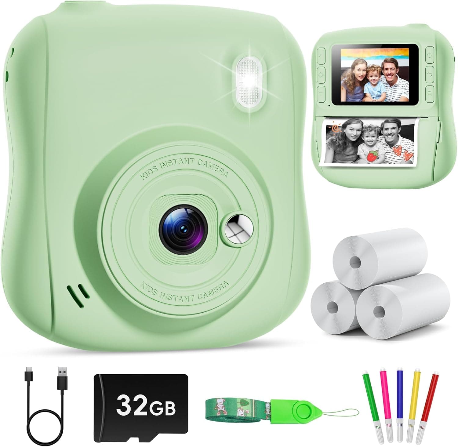 Hangrui Camara Fotos Infantil Instantanea, 1080P Camara Fotos Infantil, Cámara Instantánea para Niños con Tarjeta de 32GB,Papel de Impresión y Bolígrafos de Colores, Regalos Juguete-Verde