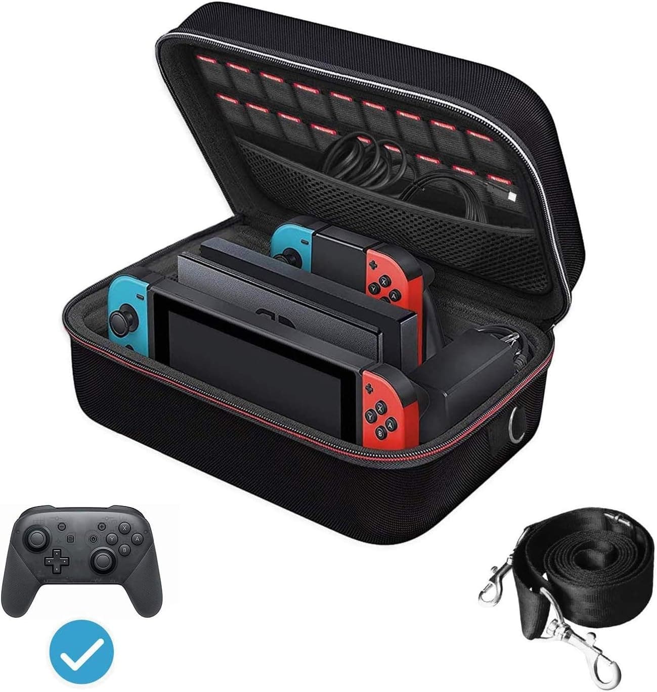 ivoler Funda compatible con Nintendo Switch y Switch OLED, Estuche Dura de Transporte, Carcasa Rígida de Viaje para Consola, Adaptador AC, Joy-con Grip, Strap Joy-con, 18 Cartuchos de Juegos y Otros