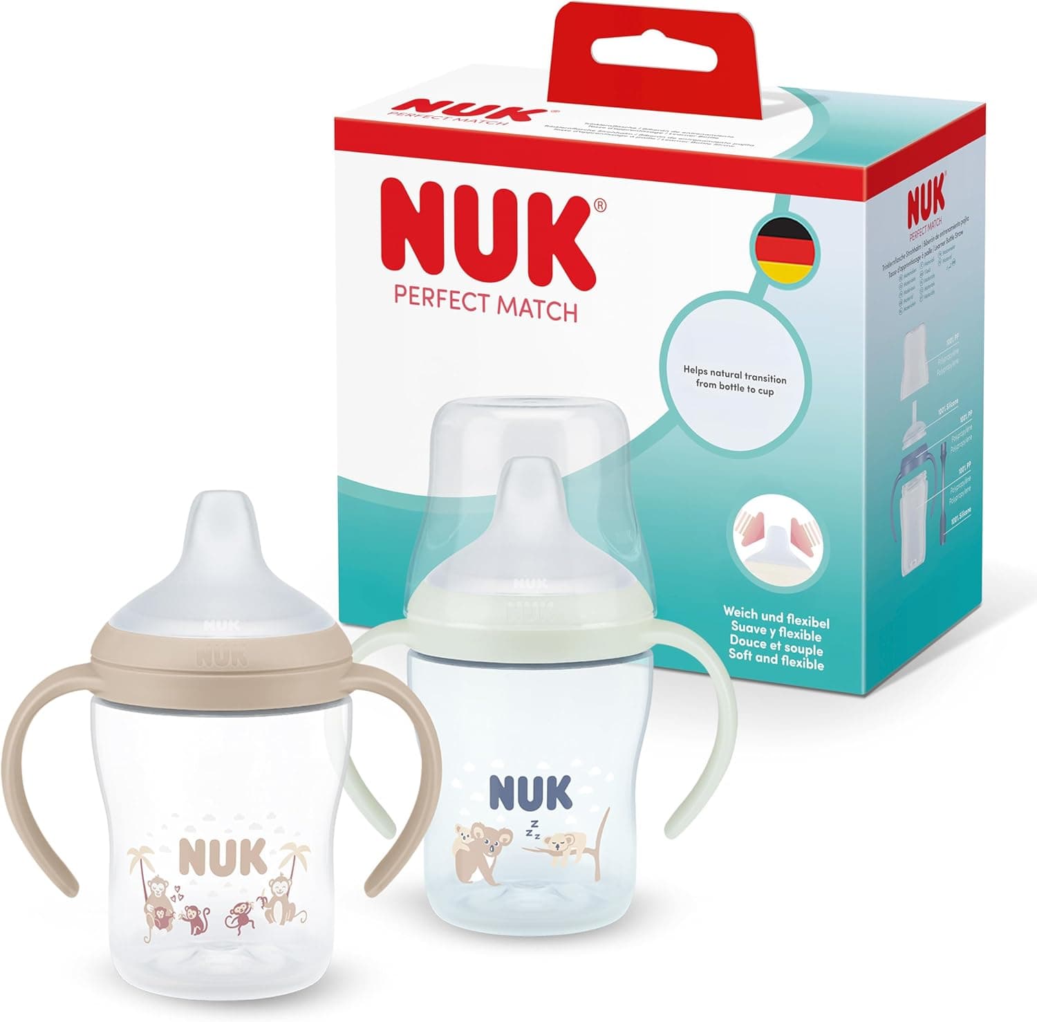 NUK Perfect Match Vaso Aprendizaje Bebe | 6+ meses | 150 ml | Vaso antiderrames para niños pequeños | Asas antideslizantes | Brilla en la oscuridad | Azul | 2 unidades