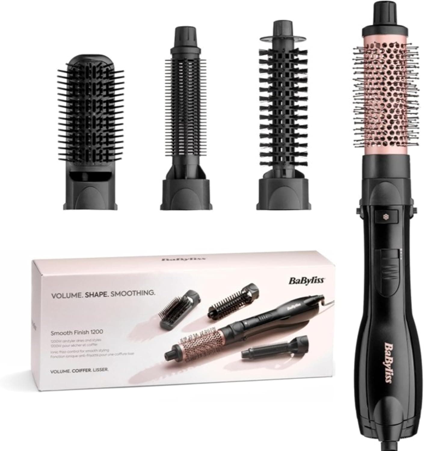 BaByliss Smooth Finish 1200 – Cepillo de Aire Caliente 4-en-1 para Secar, Alisar, Dar Volumen y Moldear, Tecnología Iónica & Cerámica, 4 Accesorios, 1200W, Negro/Rosa, AS122E