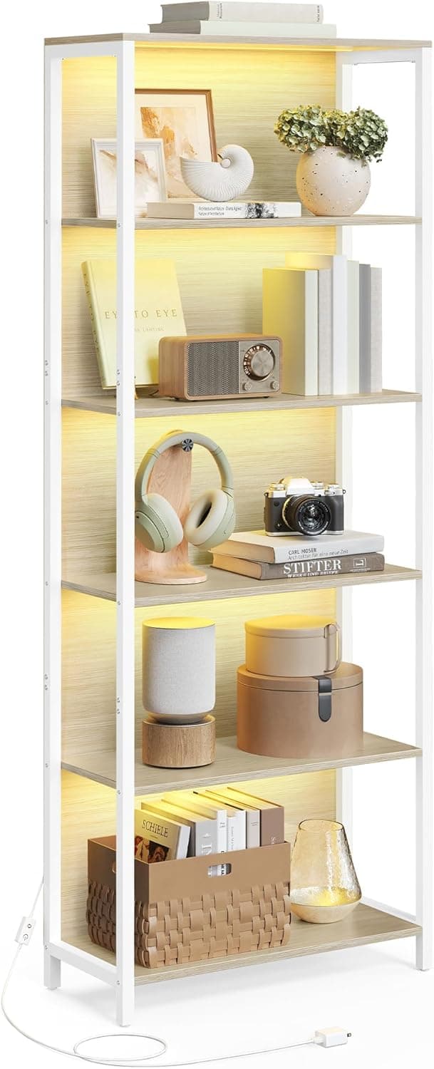VASAGLE Estantería de 6 Niveles con Luz LED, 60 x 30,3 x 178 cm