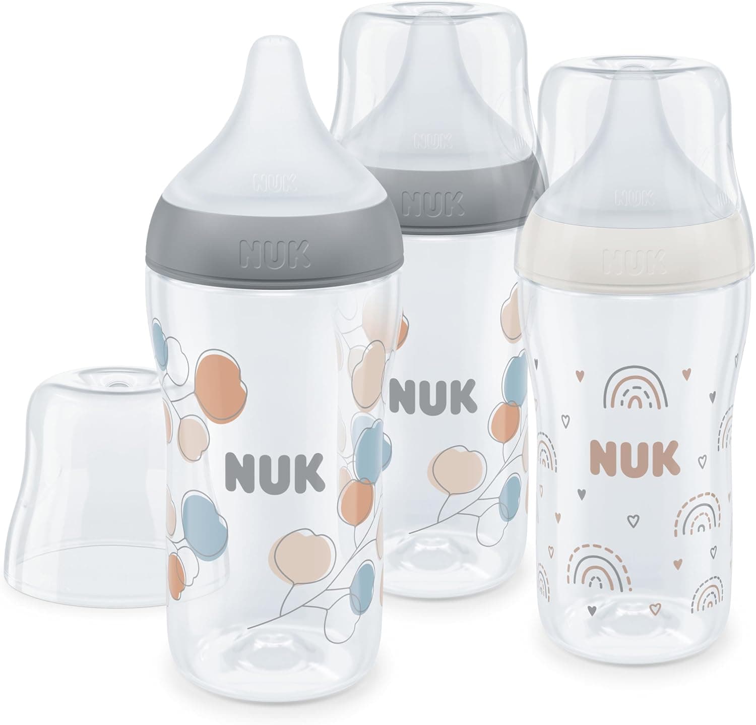 NUK Perfect Match Set de biberones | +3 meses | Se adapta al paladar | Control de temperatura | Ventilación anticólico | 260 ml | Sin BPA | Tetina de silicona mediana | Arcoíris y Ramita | 3 uds.