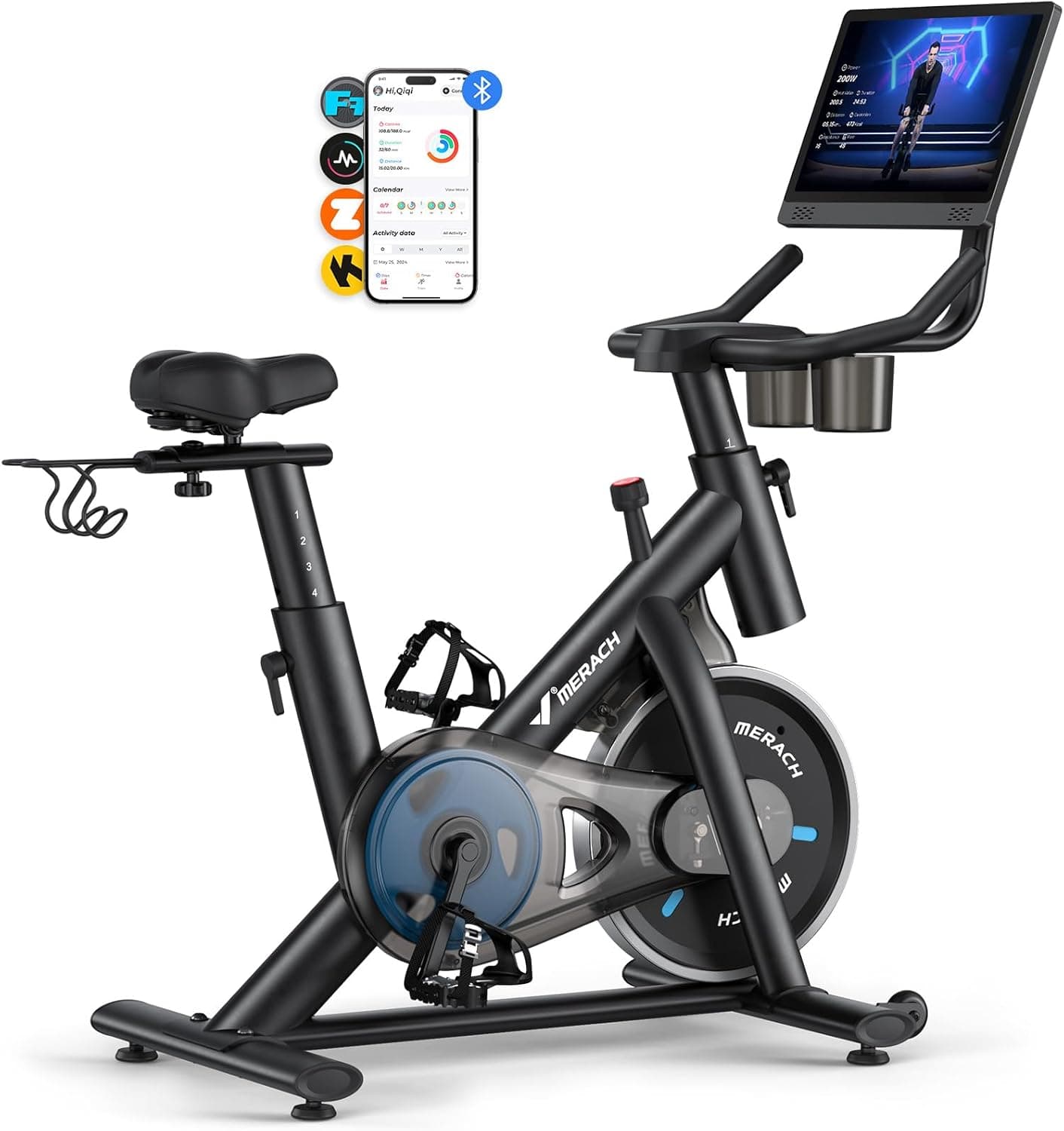 MERACH Bicicleta Estática en Casa con Resistencia Ajustable, Bicicleta Estatica Silenciosa con Monitor LED, Cómodo Cojín de Asiento, App Propia, Capacidad de 136 kg, Entrenamiento Aeróbico