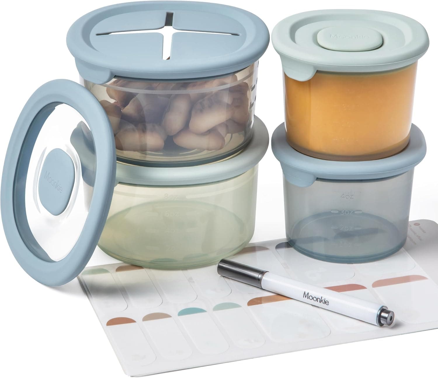 Moonkie Set 4 Tarros Potitos Bebé Silicona (2x120ml + 2x240ml), Herméticos y Sin BPA, Recipientes Comida para Bebés, Aptos para Lavavajillas y Congelador