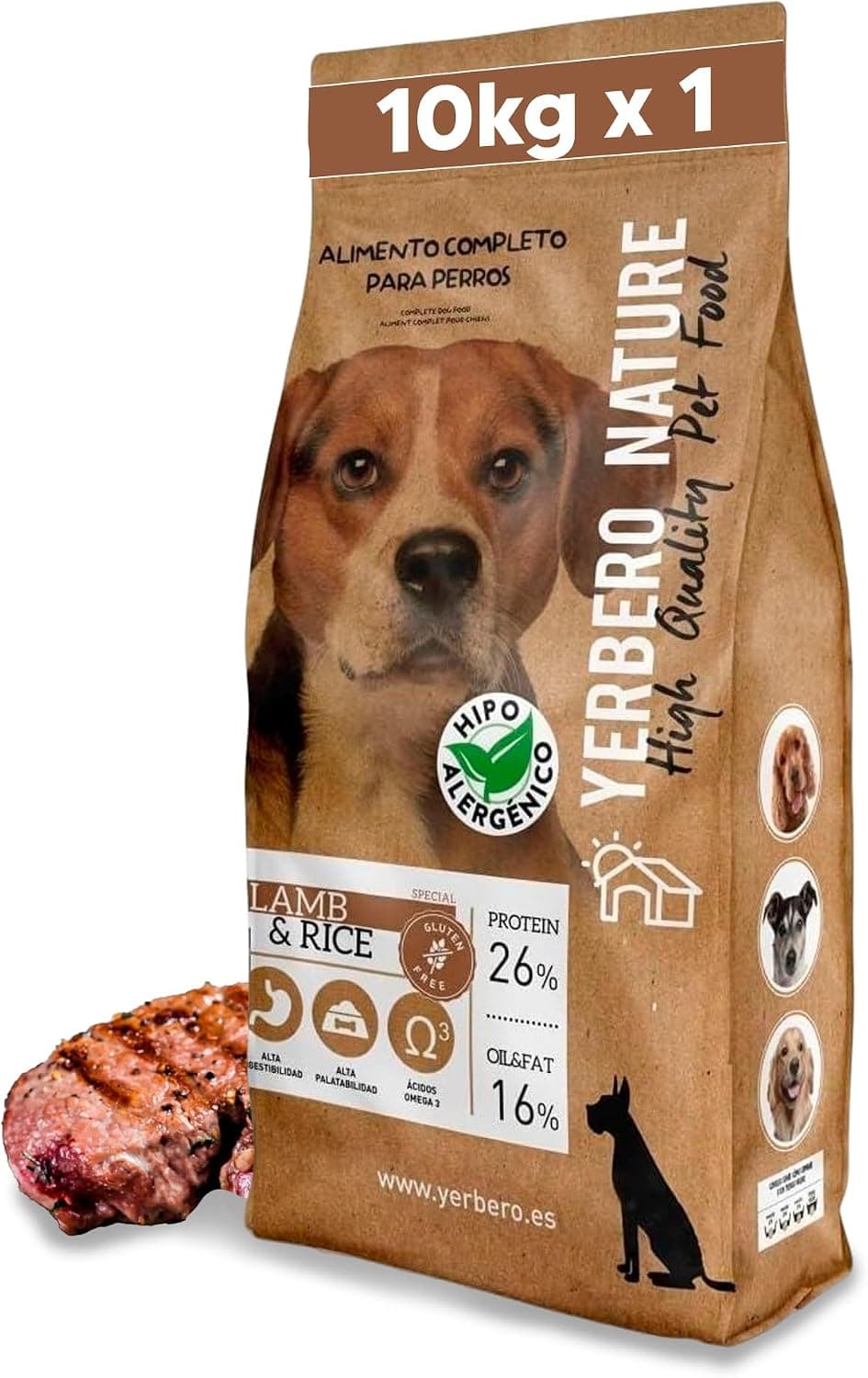 Yerbero Nature Lamb & Rice Pienso sin Gluten para Perros, Cordero, Alimento Hipoalergénico, Alta Digestibilidad, Comida Natural, Omega 3, 26% Proteína, 10 kg
