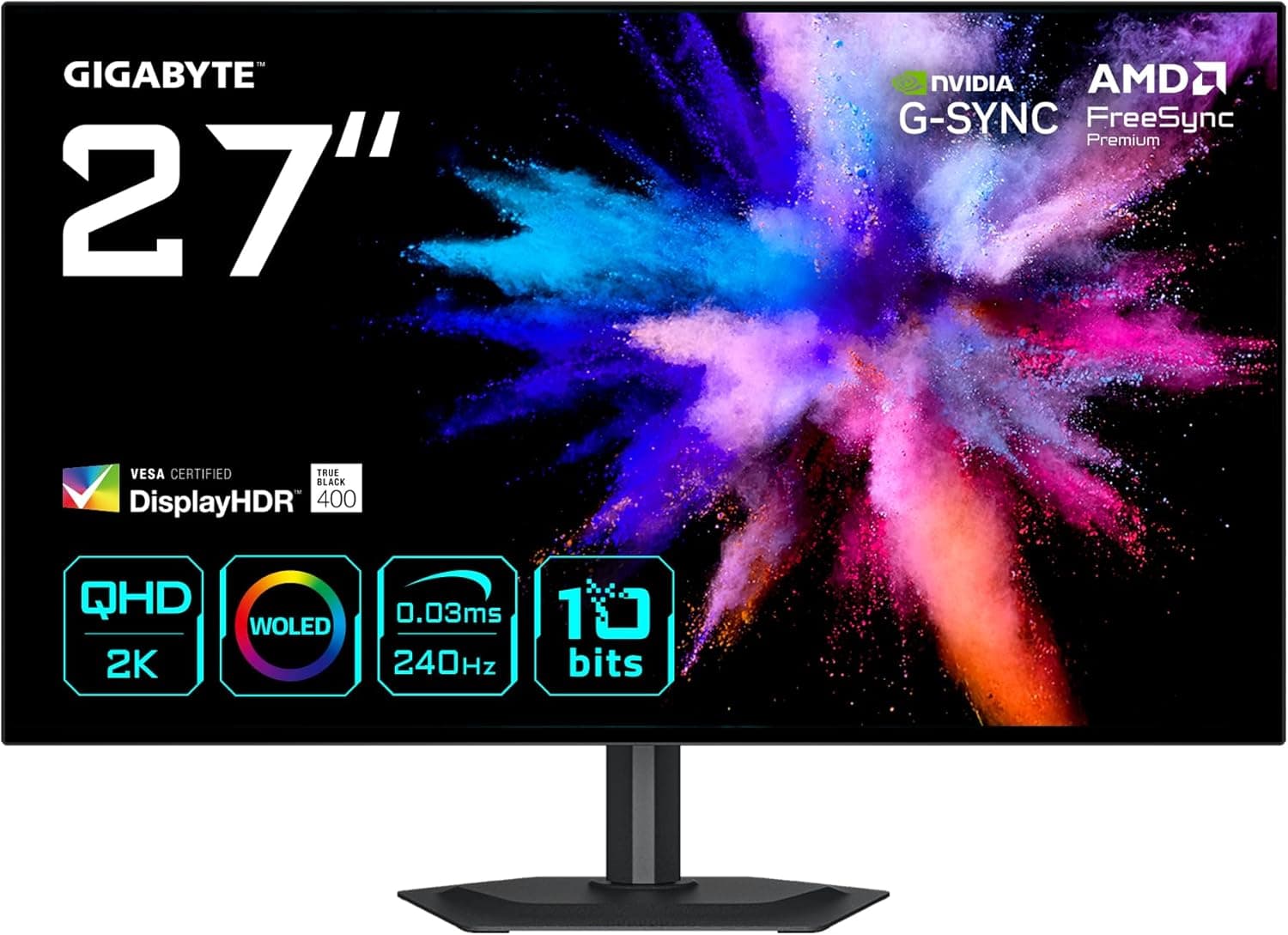 GIGABYTE GO27Q24G Monitor Gaming OLED 27” 2K QHD - 2560 x 1440, 240Hz, 0.03ms, 275 CD/m², FreeSync Premium, G-Sync Compatible, HDMI 2.1, DisplayPort 1.4