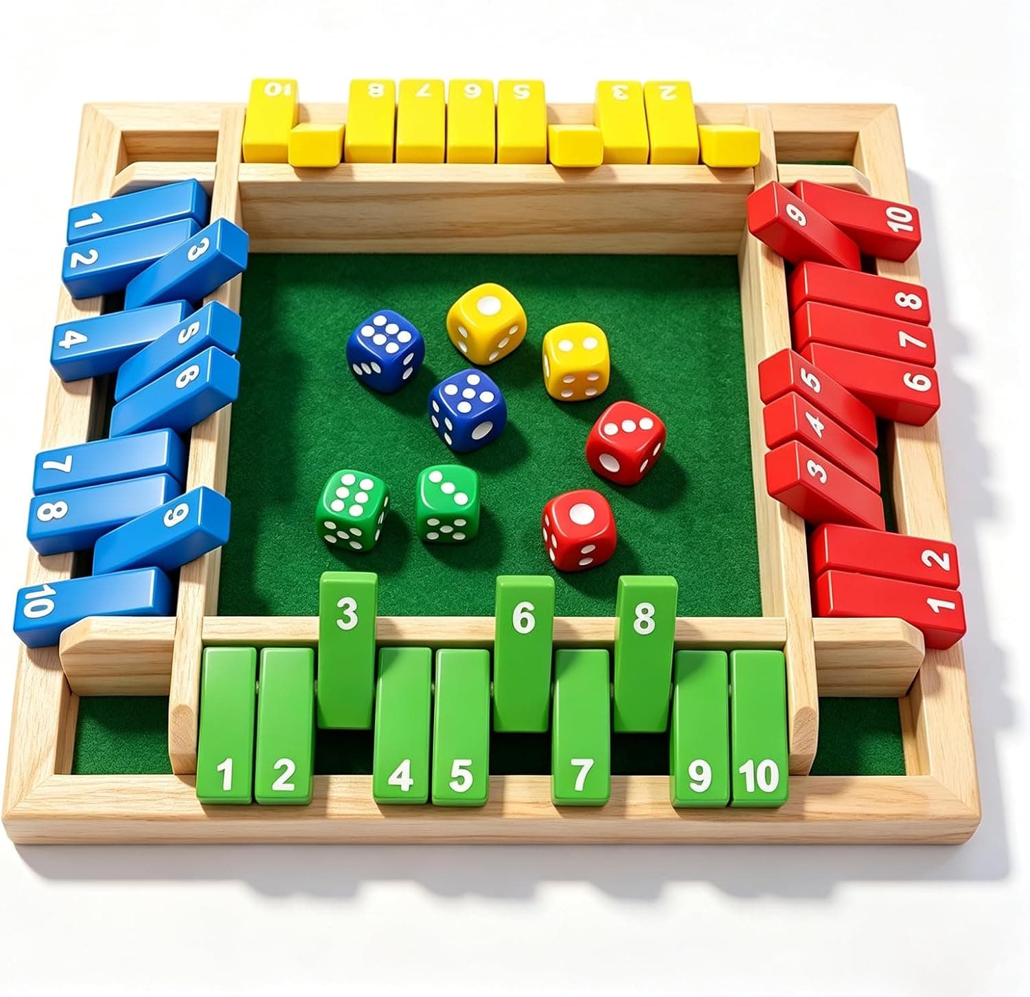 Shut The Box, Juego de Mesa de Madera,Juego de Dados para Viajes, Juego de Mesa de Gran Familia,Juego de Pub Familiar 1-4 Jugadores con 8 Dados de Colores para Adultos y niños