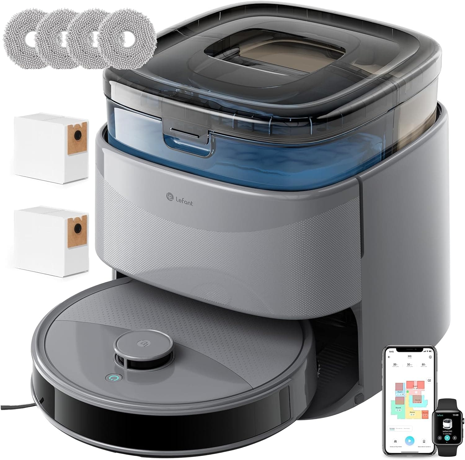 Lefant M3 Robot Aspirador y Fregasuelos, Todo-en-Uno 12000 Pa, 220min, Auto-Vaciado 3,2L, Auto-Lavado/Secado Mopa, dToF Navegación Láser, Evita Obstáculos, Alexa/App/i Watch/2,4G & 5GHz WiFi, Gris