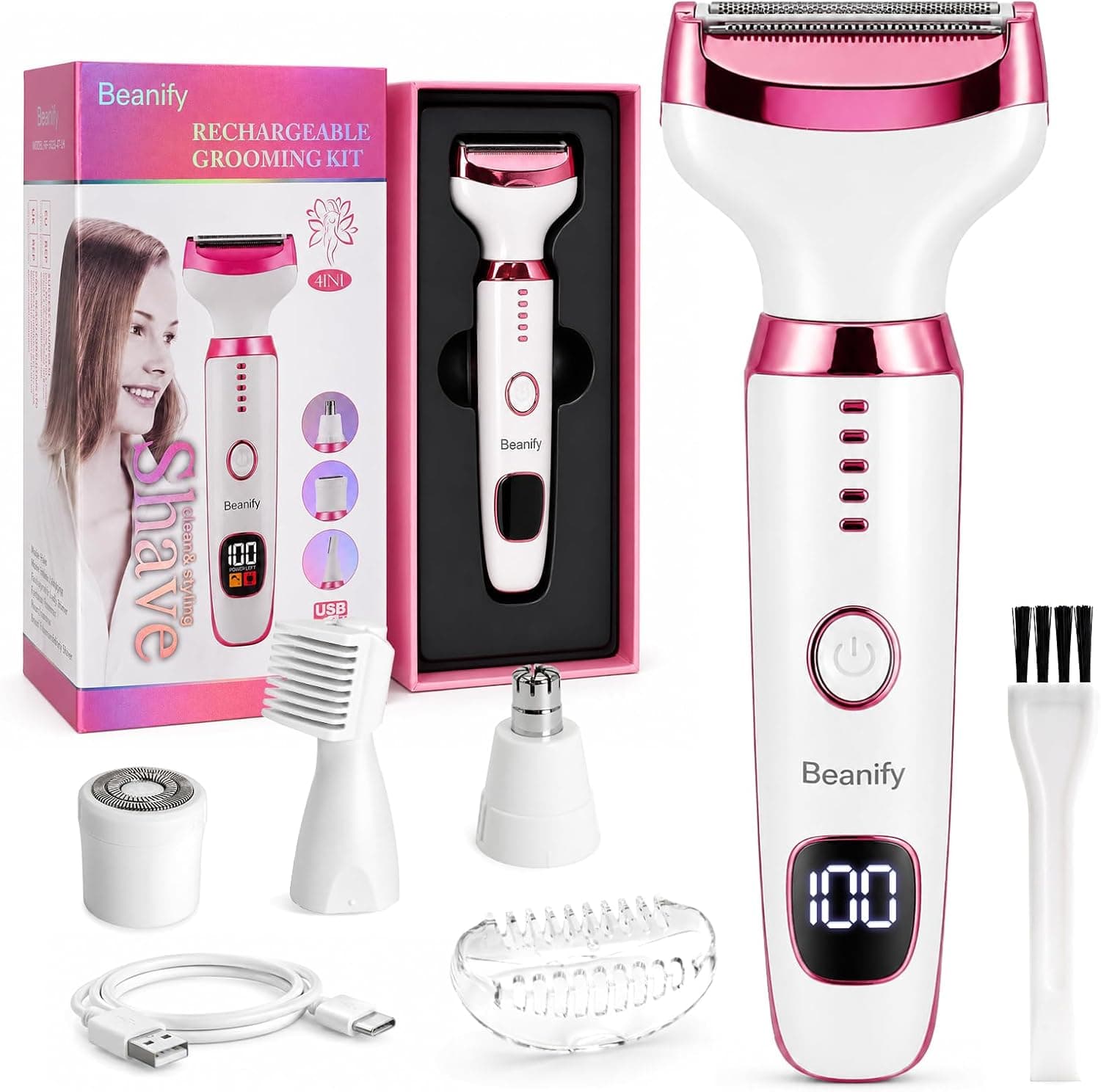 Afeitadora Eléctrica para Mujer con Pantalla LED, Afeitadora Femenina IPX7 Impermeable Uso Húmedo y Seco, Kit de Cuidado Eléctrico 4 en 1 Inalámbrico para Bikini, Rostro (Rosa)
