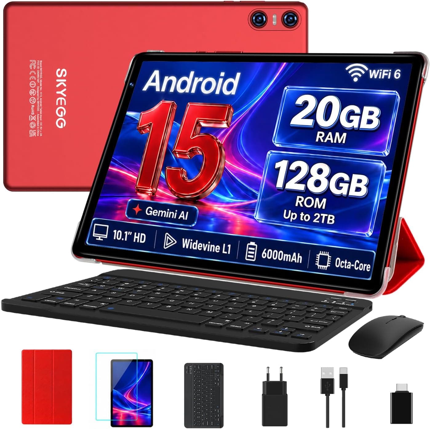 SKYEGG Tablet 10 Pulgadas 128 GB ROM–Ampliable 2 TB, Android 15 con Gemini AI, 20 GB RAM, Octa-Core, WiFi 6, Widevine L1, Batería 6000 mAh, con Teclado, Ratón y Funda, Rojo Oscuro