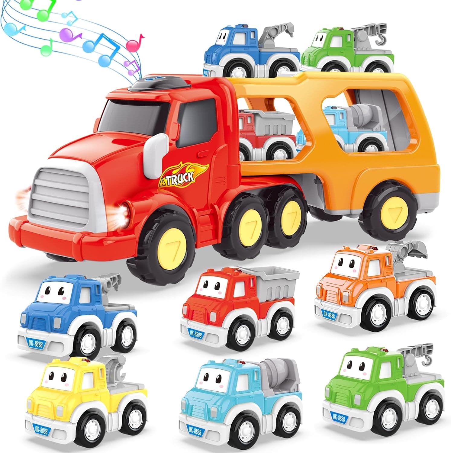 Camión de Juguetes - 7 en 1 Transportador Coches con Luces y Sonidos - Regalo para Niños 2-4 Años