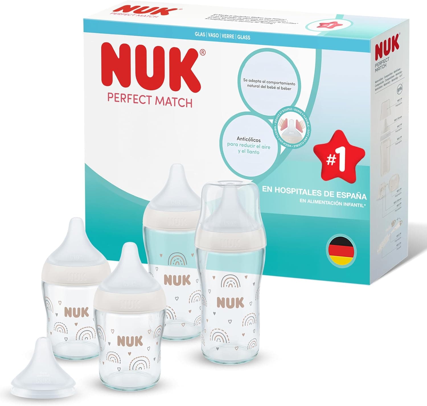 NUK Perfect Match Biberón | 0-3+ meses | 120 ml & 230 ml | Biberón anticólicos recién nacido | Vidrio | Indicador de control de temperatura | Arcoíris | 4 unidades