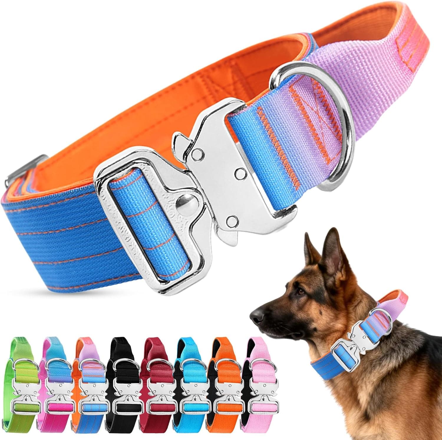 Collar Perro Táctico, Collar de Perro Nylon Ajustable Ancho con Mango de Control y Hebilla de Metal, Dog Collar para Perros Medianos y Grandes (Degradado Naranja Morado Azul, L)